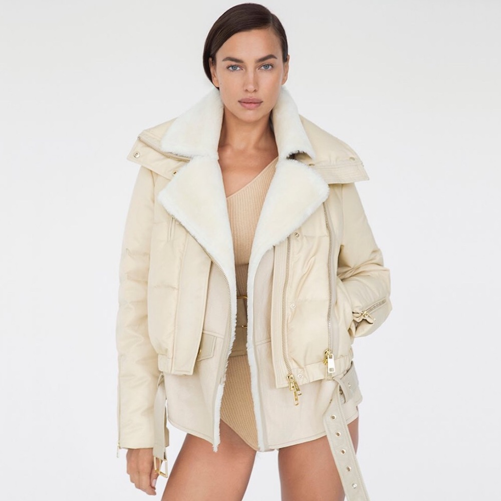 Nicole Benisti Double Breasted Shearling and Nylon Biker Jacket